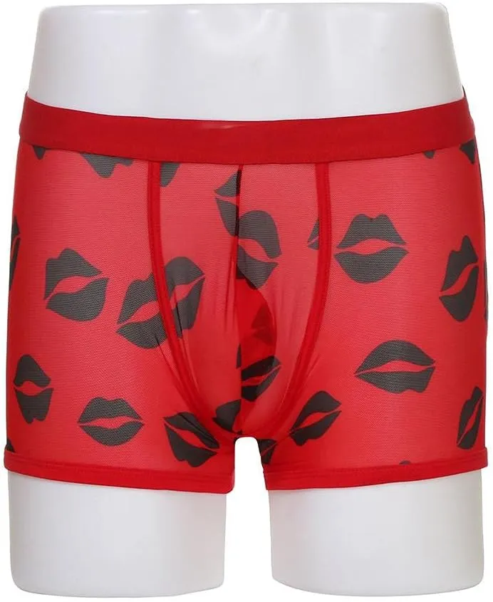 Valentine's Day Men's Boxer Briefs Men's Underwear Mesh Breathable Trunk Low Rise Cool Boxers Lips Printed Shorts