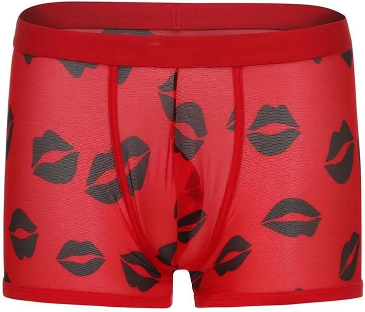 Valentine's Day Men's Boxer Briefs Men's Underwear Mesh Breathable Trunk Low Rise Cool Boxers Lips Printed Shorts