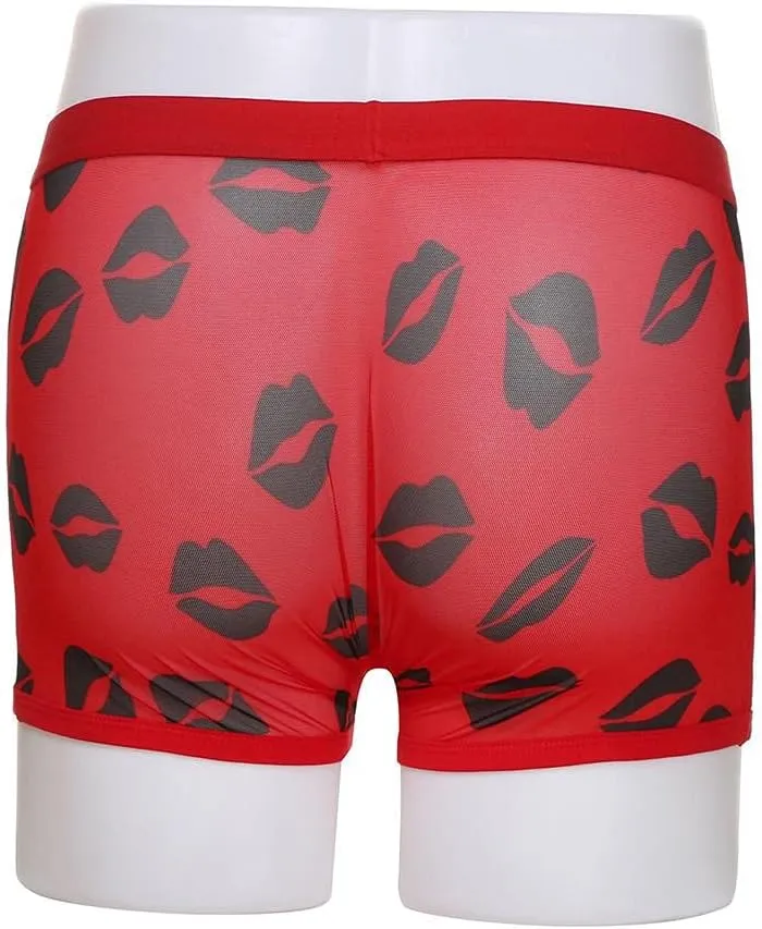Valentine's Day Men's Boxer Briefs Men's Underwear Mesh Breathable Trunk Low Rise Cool Boxers Lips Printed Shorts