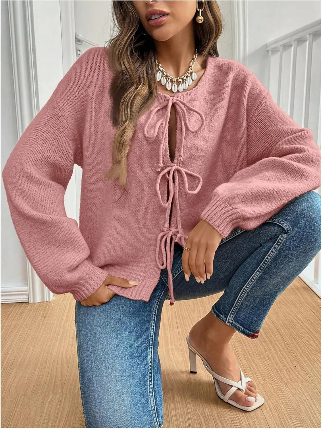 WDIRARA Women's Tie Front Crewneck Knit Cardigan Long Sleeve Drop Shoulder Sweater