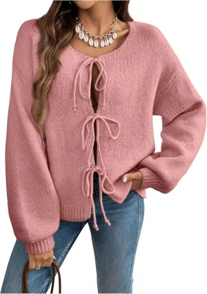 WDIRARA Women's Tie Front Crewneck Knit Cardigan Long Sleeve Drop Shoulder Sweater