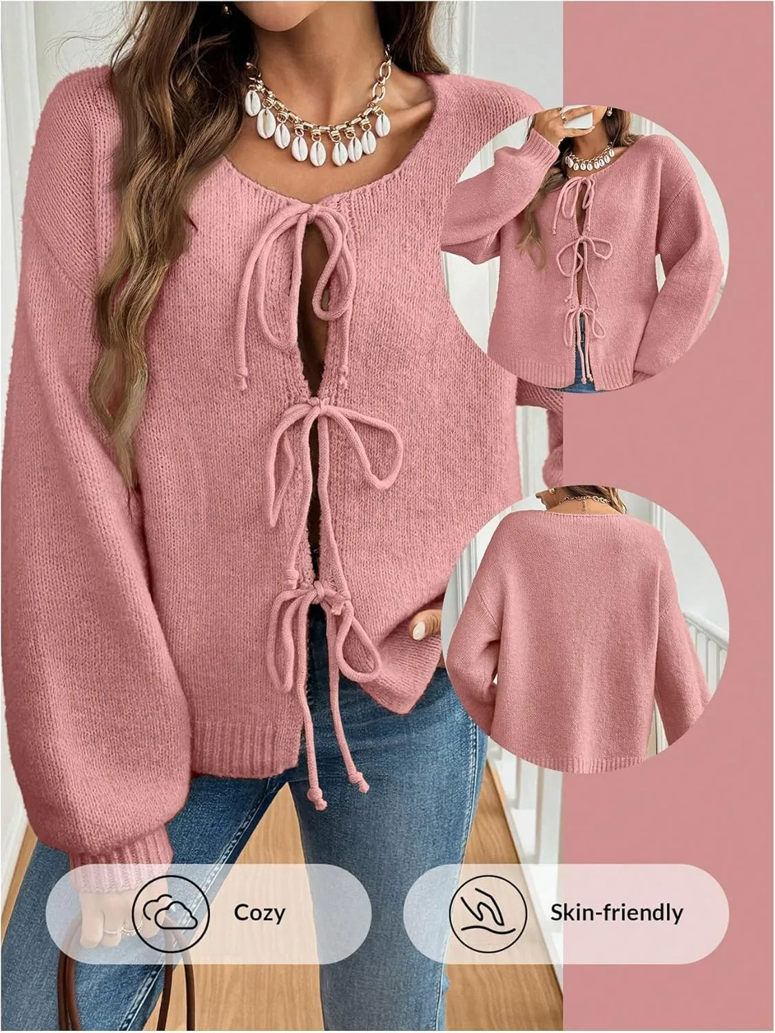 WDIRARA Women's Tie Front Crewneck Knit Cardigan Long Sleeve Drop Shoulder Sweater