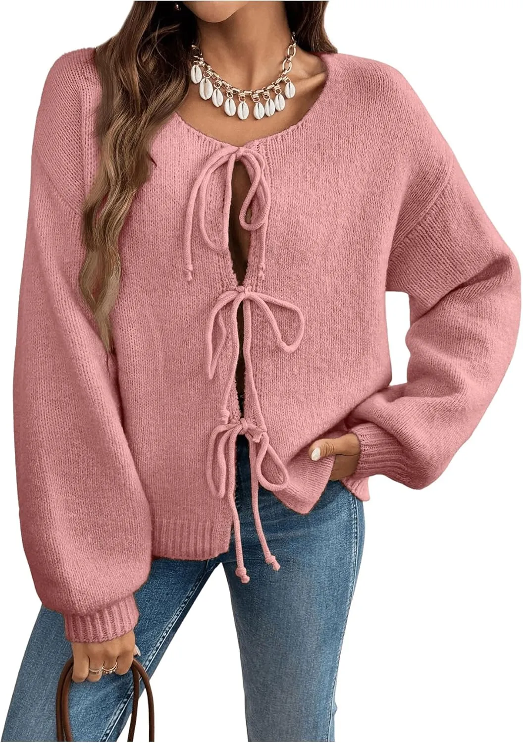 WDIRARA Women's Tie Front Crewneck Knit Cardigan Long Sleeve Drop Shoulder Sweater