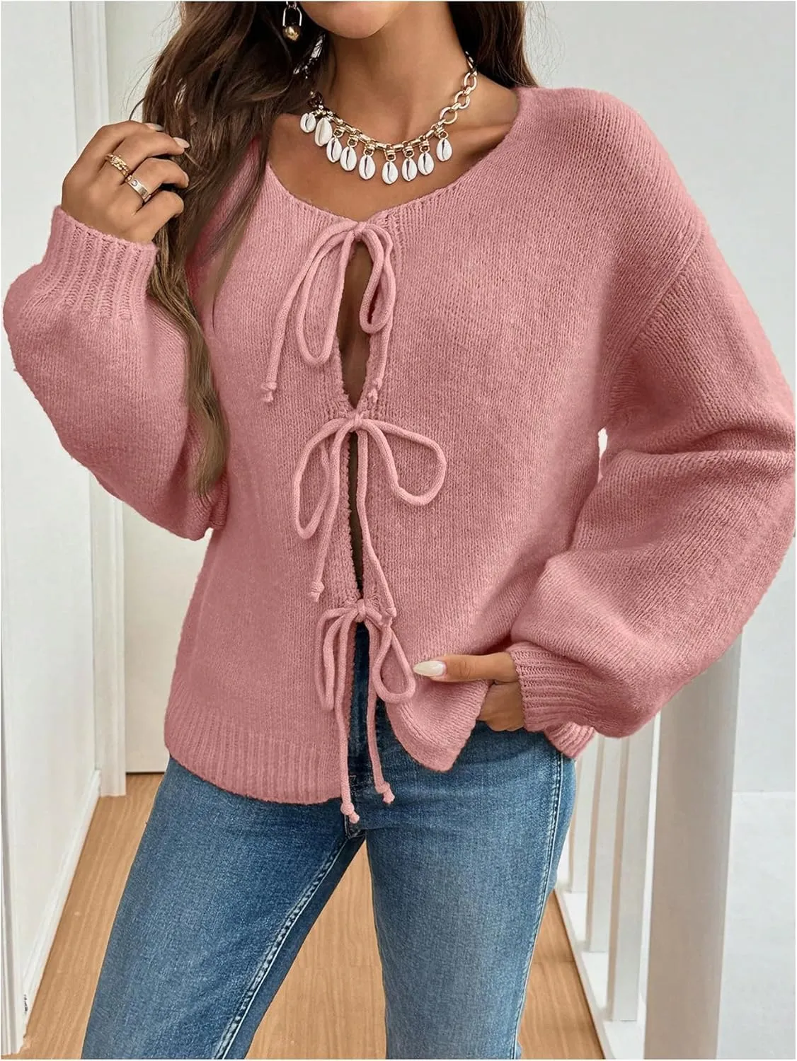 WDIRARA Women's Tie Front Crewneck Knit Cardigan Long Sleeve Drop Shoulder Sweater