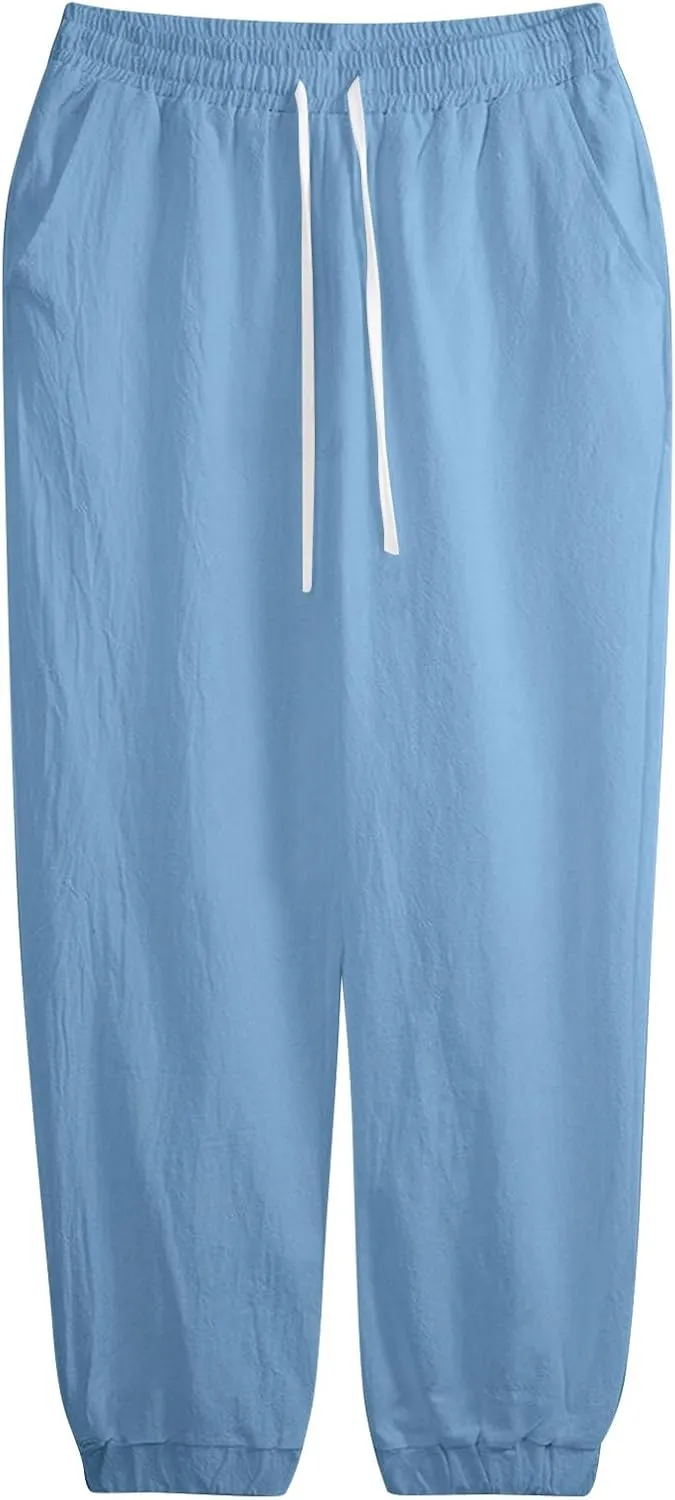 WENKOMG1 Cotton Linen Pants for Men Elastic Waist and Ankle Drawstring Baggy Style Lightweight Breathable Beach Pants