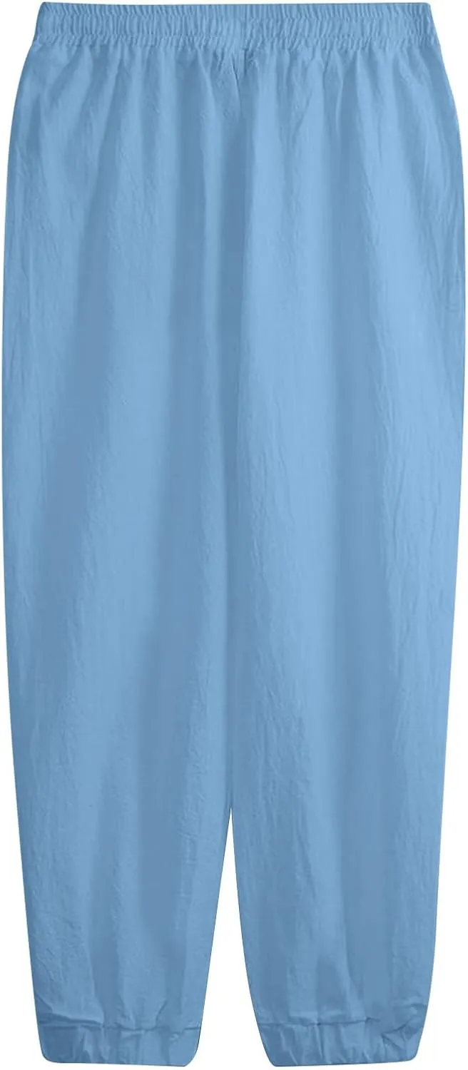 WENKOMG1 Cotton Linen Pants for Men Elastic Waist and Ankle Drawstring Baggy Style Lightweight Breathable Beach Pants