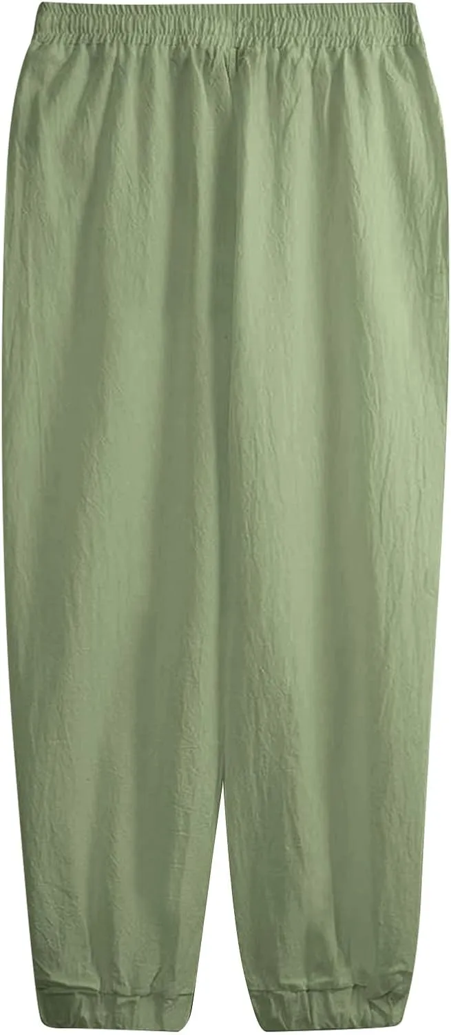 WENKOMG1 Cotton Linen Pants for Men Elastic Waist and Ankle Drawstring Baggy Style Lightweight Breathable Beach Pants
