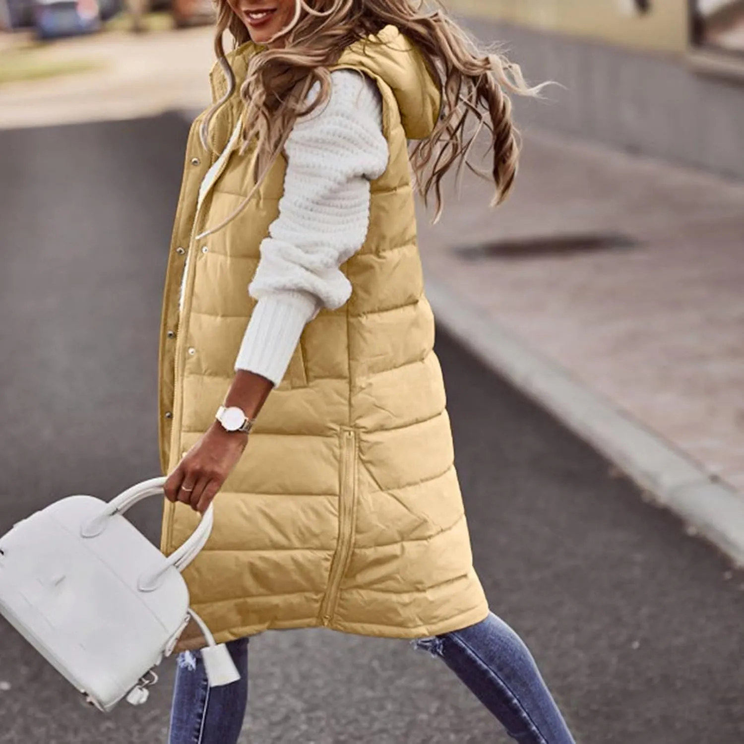 Winter Casual Stand Collar Gilet Hood Sleeveless Warm Down Coat with Pockets Quilted Vest Down Jacket Womens Puffer