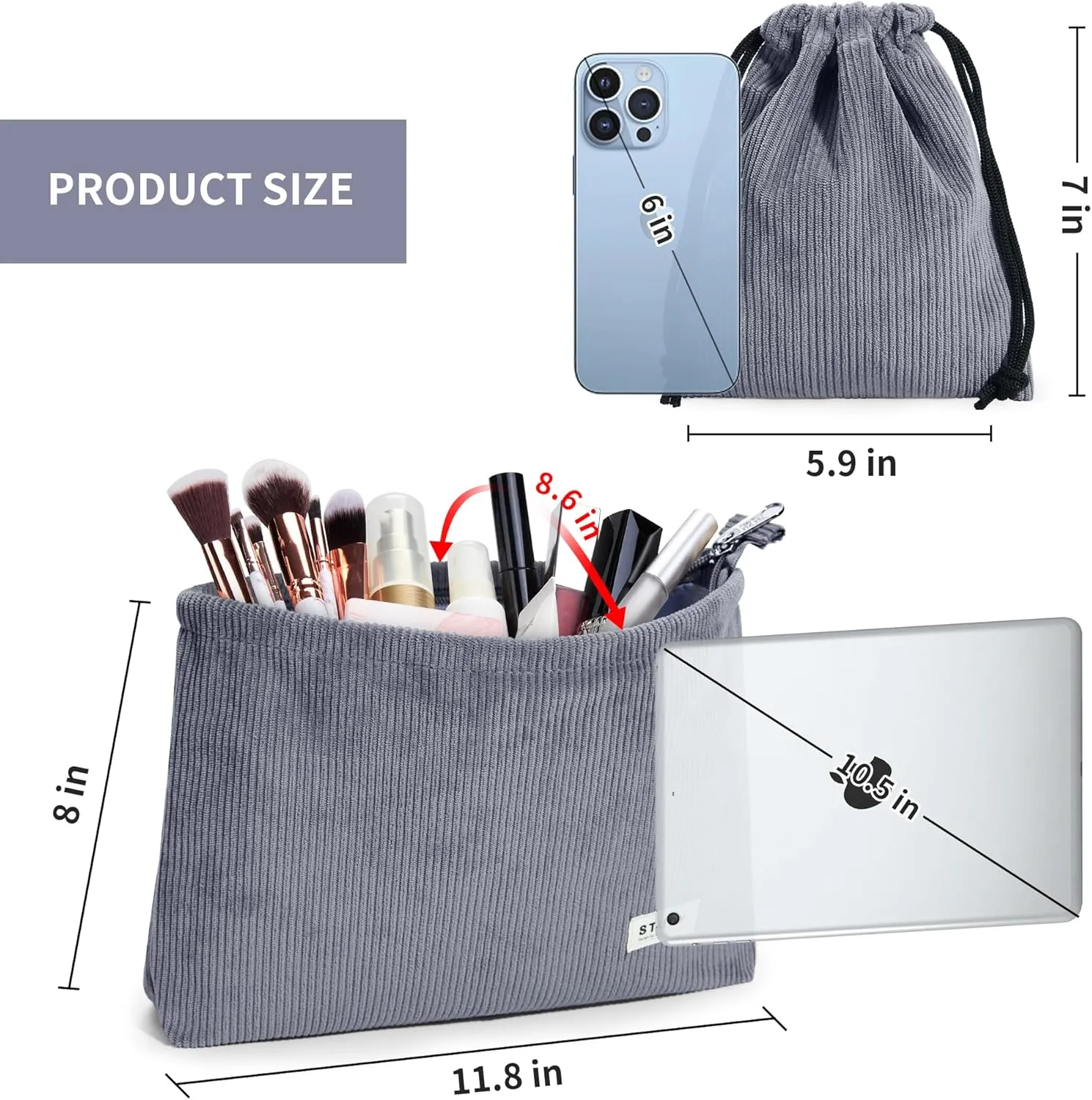 WLLWOO Makeup Bag-2pcs CowCorduroy Cosmetic Bag Zipper Interior Waterproof Pencil Case Coin Purse Travel Toiletry Small Makeup Pouch For Women
