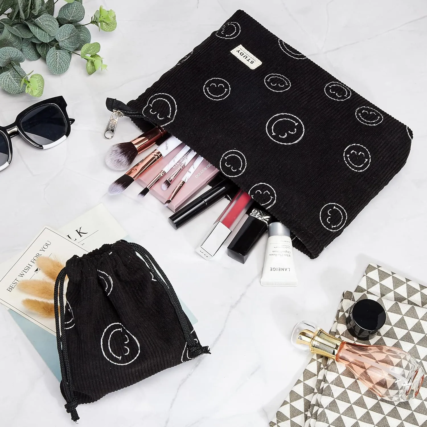 WLLWOO Makeup Bag-2pcs Smile Face Corduroy Cosmetic Bag Zipper Interior Waterproof Pencil Case Coin Purse Travel Toiletry Small Makeup Pouch For Women