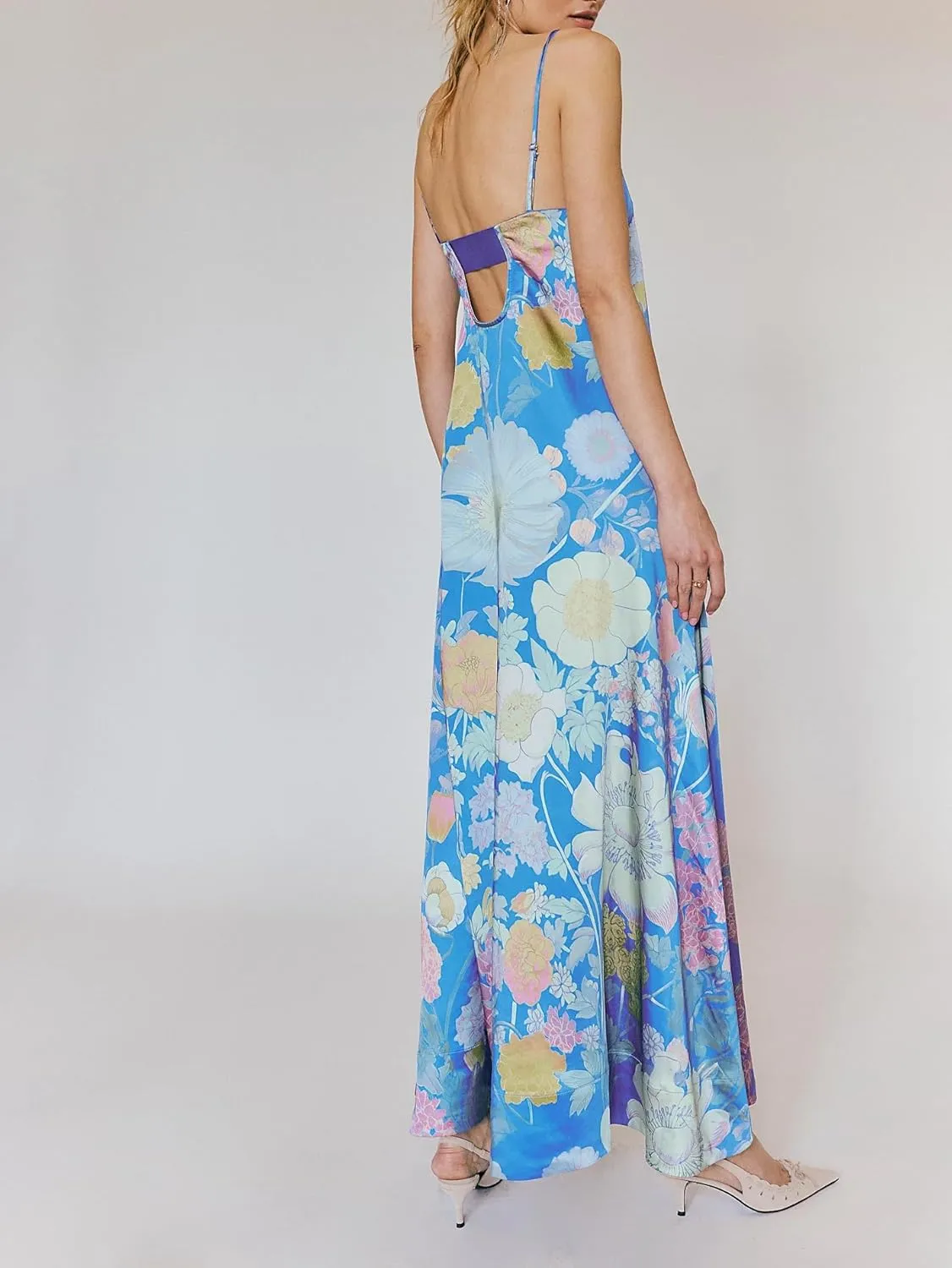 Women Boho Floral Tie Shoulder Maxi Dress Flowy Patchwork Smocked Long Sundresses Summer Ruffle Y2k Sleeveless Dresses