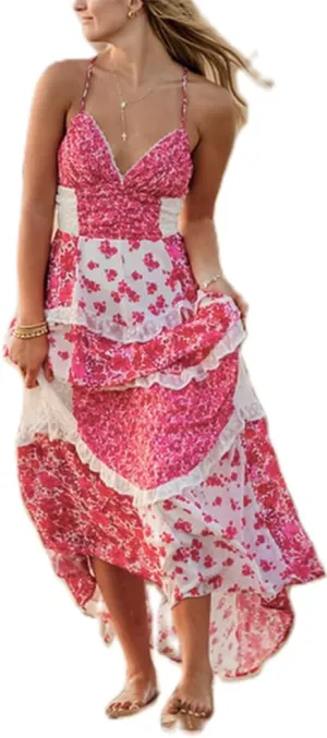 Women Boho Floral Tie Shoulder Maxi Dress Flowy Patchwork Smocked Long Sundresses Summer Ruffle Y2k Sleeveless Dresses