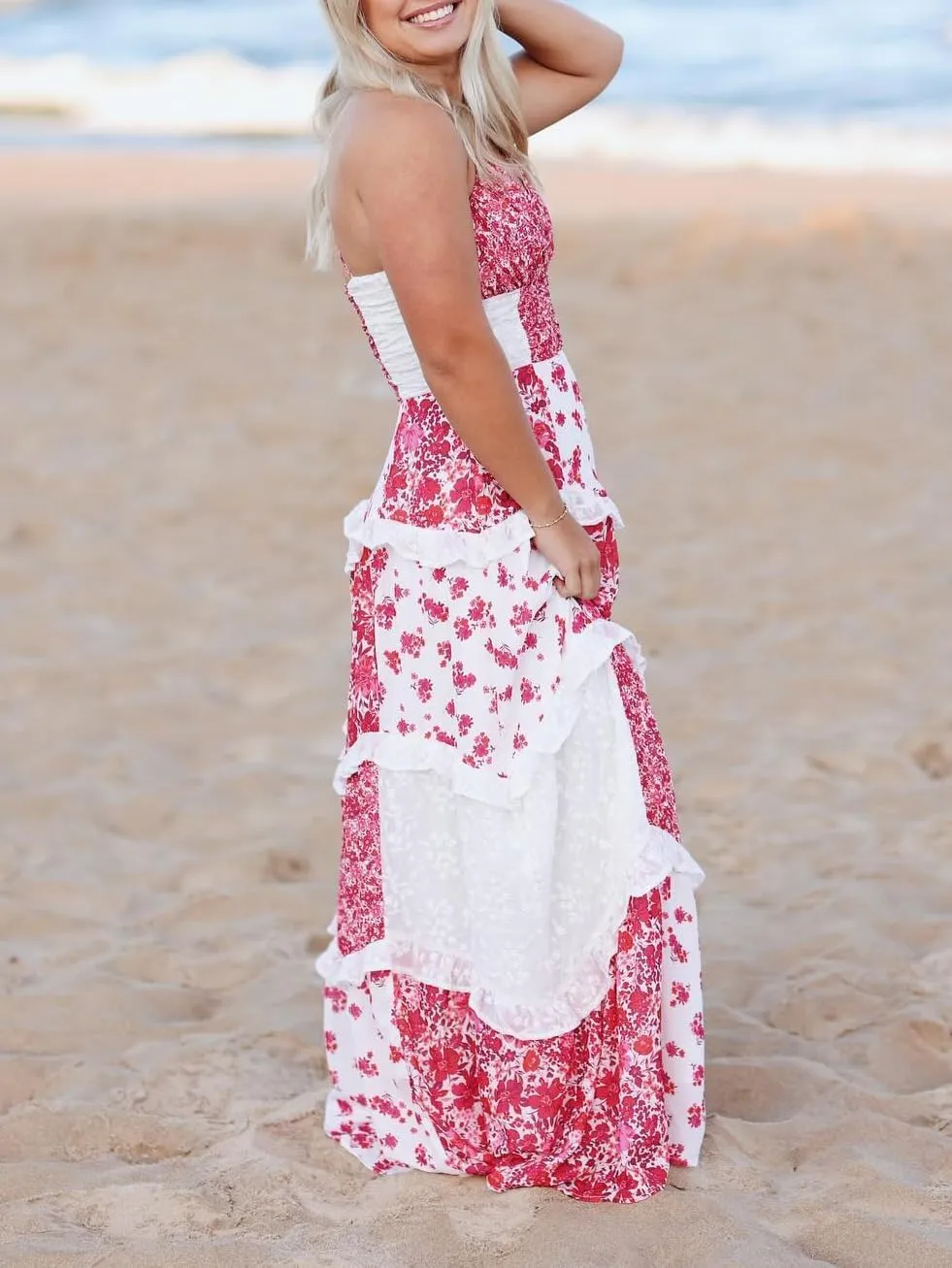Women Boho Floral Tie Shoulder Maxi Dress Flowy Patchwork Smocked Long Sundresses Summer Ruffle Y2k Sleeveless Dresses
