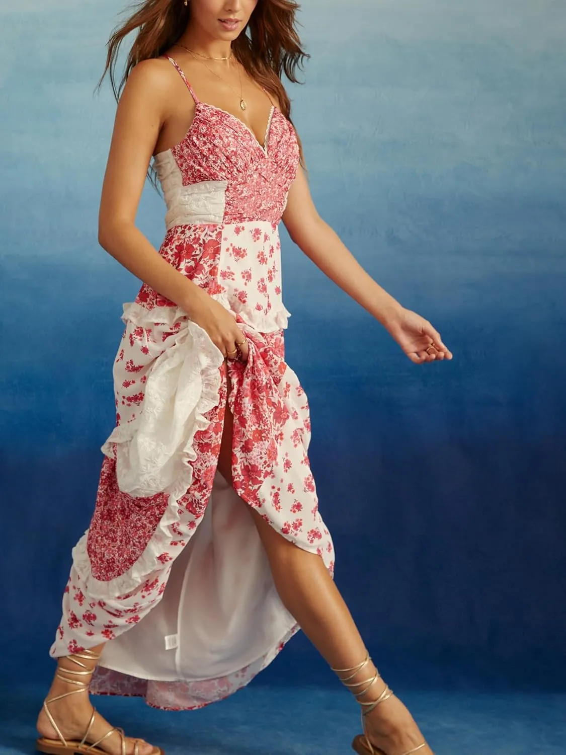 Women Boho Floral Tie Shoulder Maxi Dress Flowy Patchwork Smocked Long Sundresses Summer Ruffle Y2k Sleeveless Dresses
