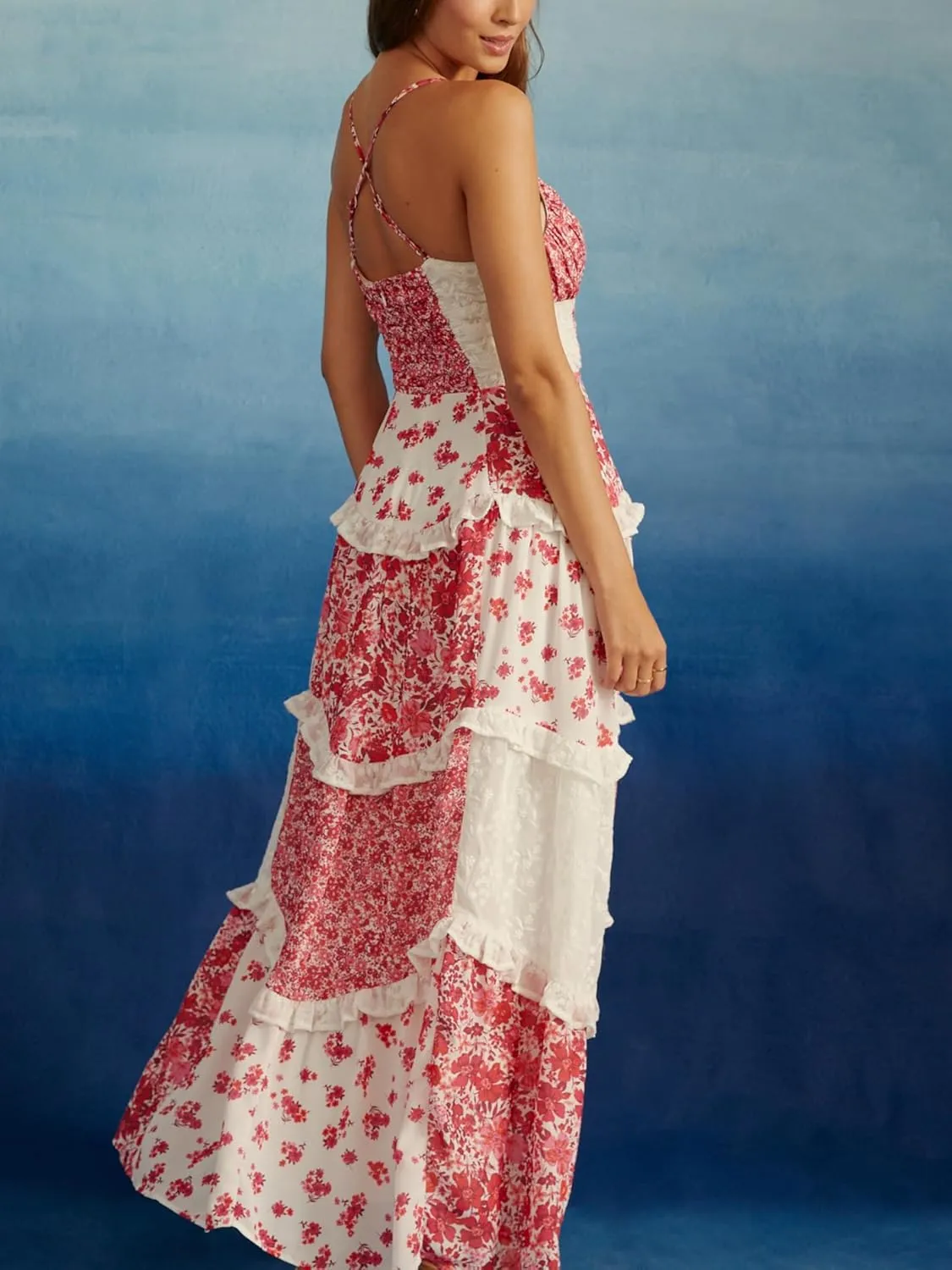 Women Boho Floral Tie Shoulder Maxi Dress Flowy Patchwork Smocked Long Sundresses Summer Ruffle Y2k Sleeveless Dresses