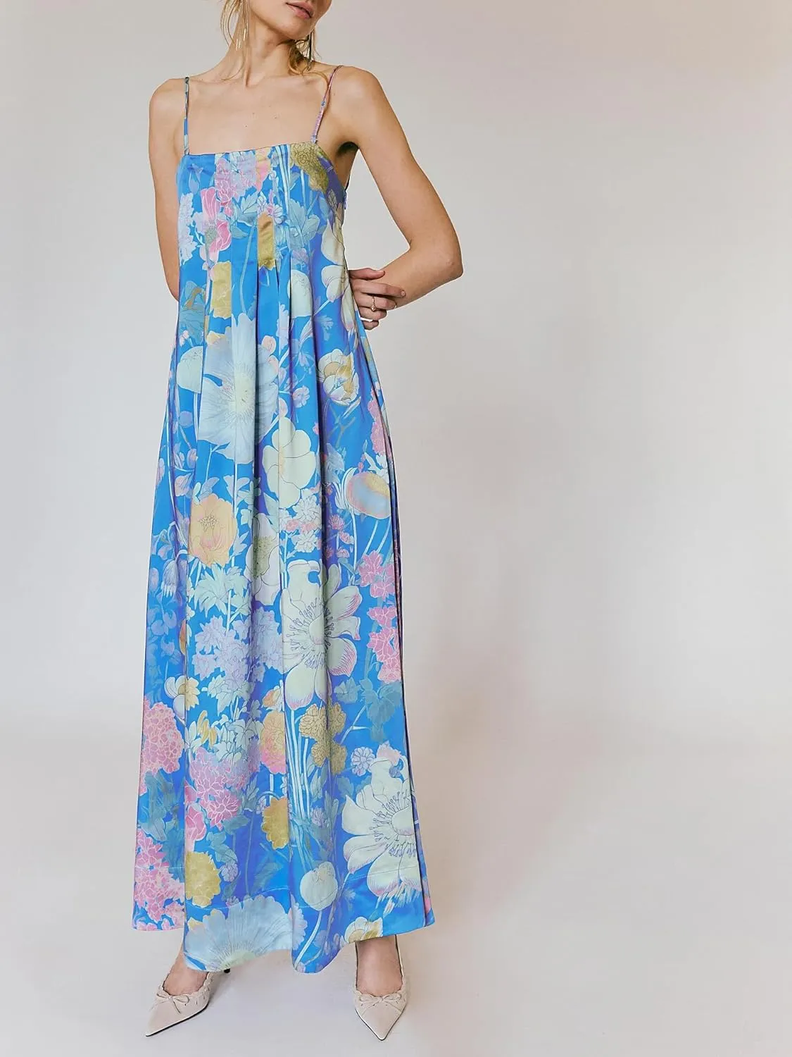 Women Boho Floral Tie Shoulder Maxi Dress Flowy Patchwork Smocked Long Sundresses Summer Ruffle Y2k Sleeveless Dresses