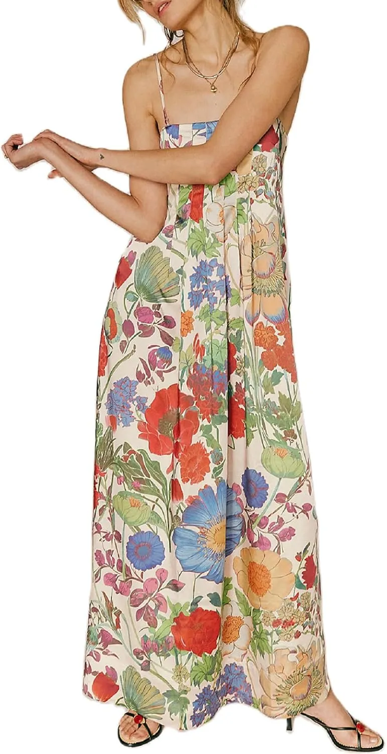 Women Boho Floral Tie Shoulder Maxi Dress Flowy Patchwork Smocked Long Sundresses Summer Ruffle Y2k Sleeveless Dresses