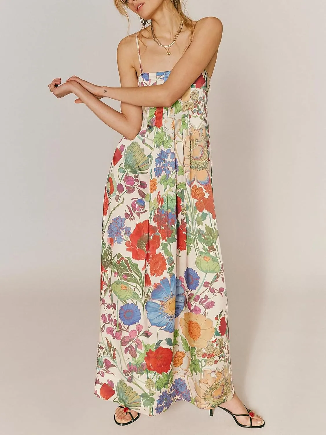 Women Boho Floral Tie Shoulder Maxi Dress Flowy Patchwork Smocked Long Sundresses Summer Ruffle Y2k Sleeveless Dresses