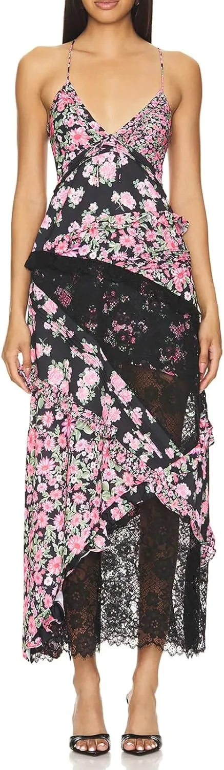 Women Boho Patchwork Maxi Dress Y2k Sleeveless Spaghetti Strap Backless Long Dress Floral Beach Vacation Sundress