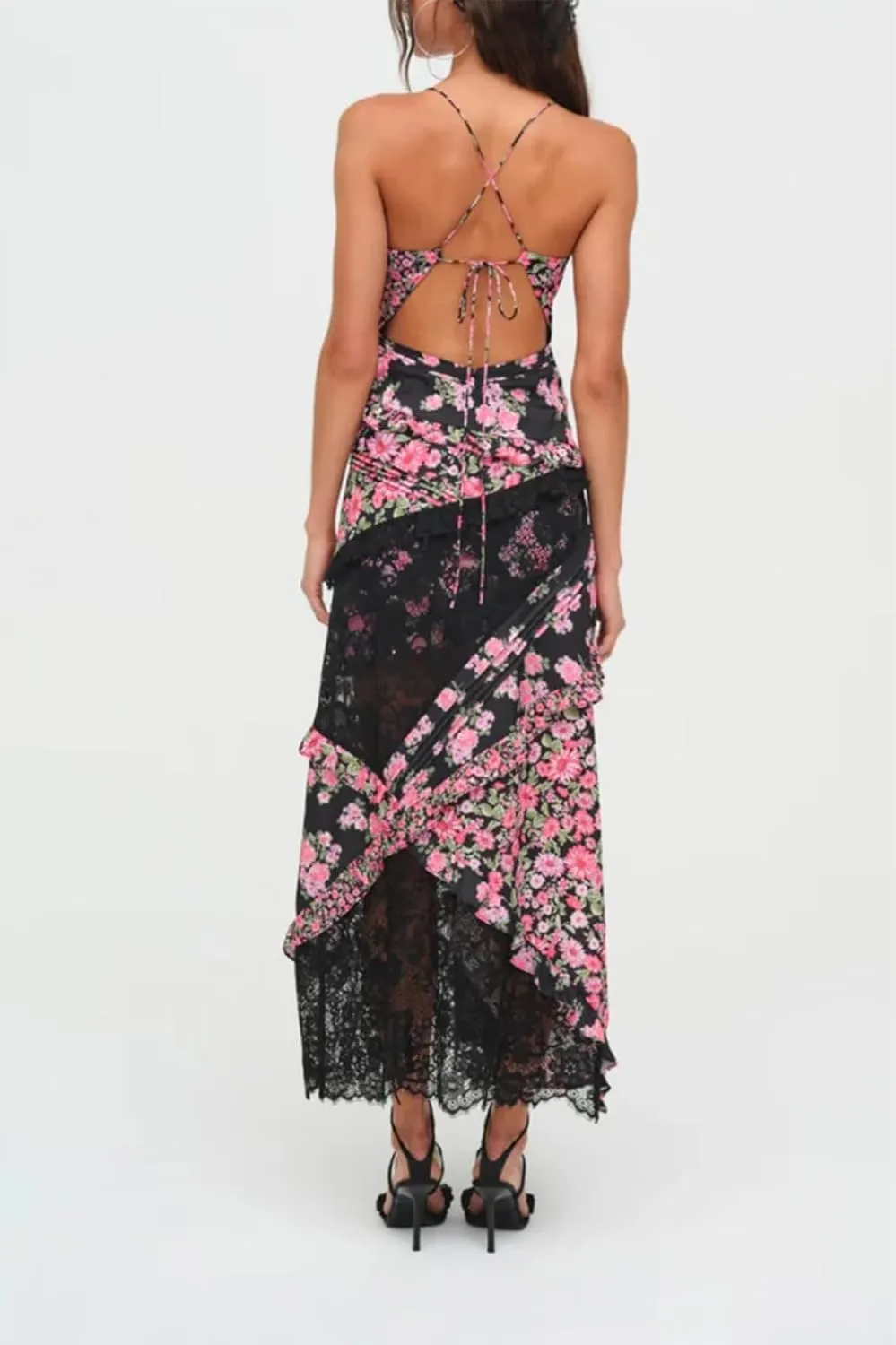 Women Boho Patchwork Maxi Dress Y2k Sleeveless Spaghetti Strap Backless Long Dress Floral Beach Vacation Sundress