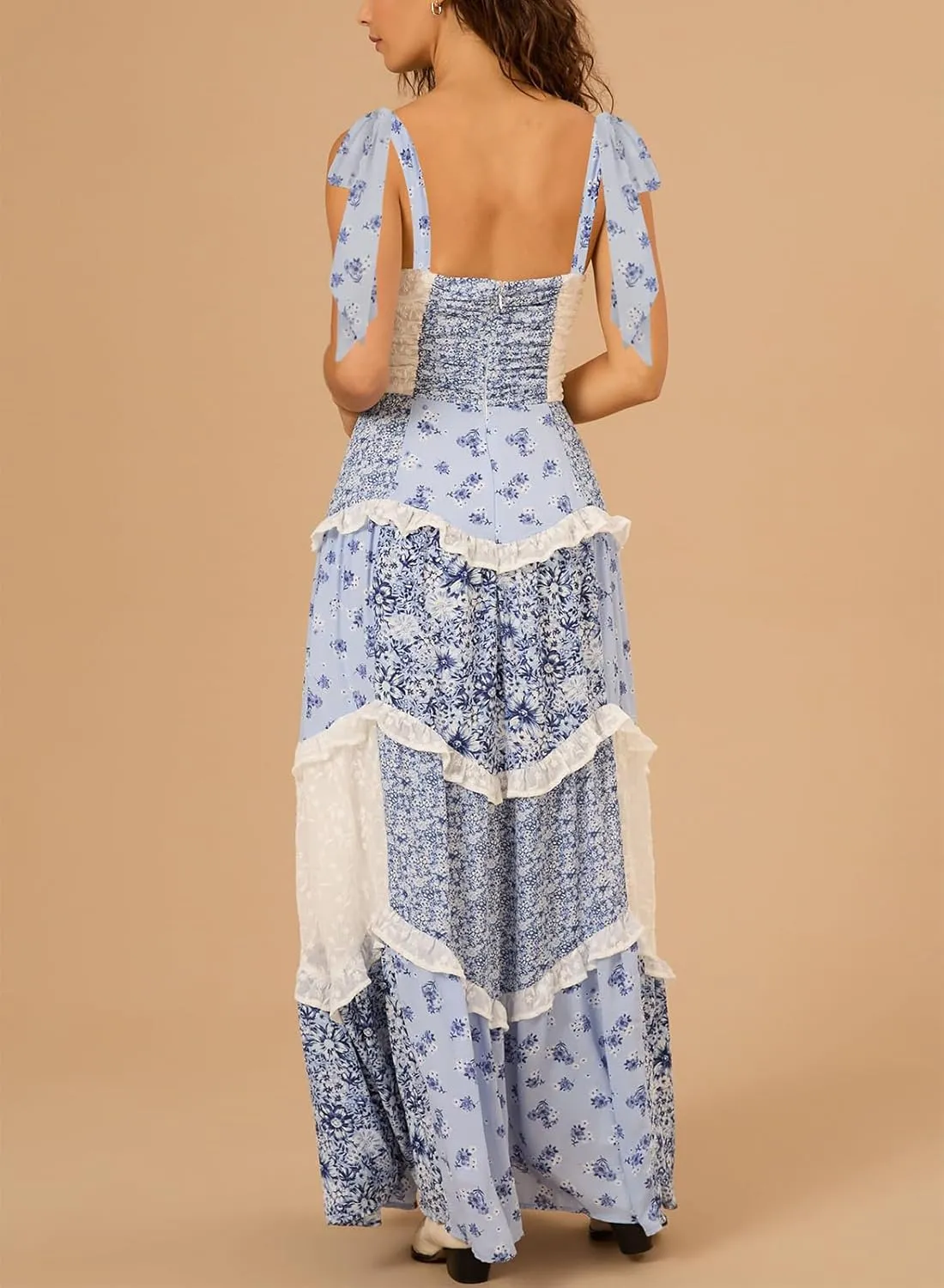 Women Boho Patchwork Maxi Dress Y2k Sleeveless Spaghetti Strap Backless Long Dress Floral Beach Vacation Sundress