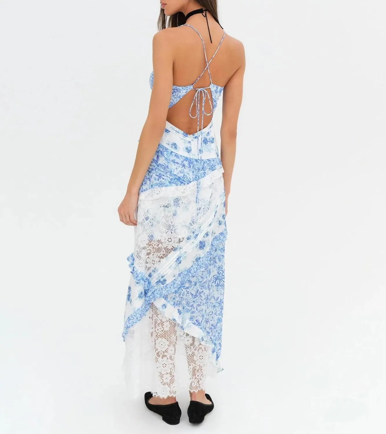Women Boho Patchwork Maxi Dress Y2k Sleeveless Spaghetti Strap Backless Long Dress Floral Beach Vacation Sundress