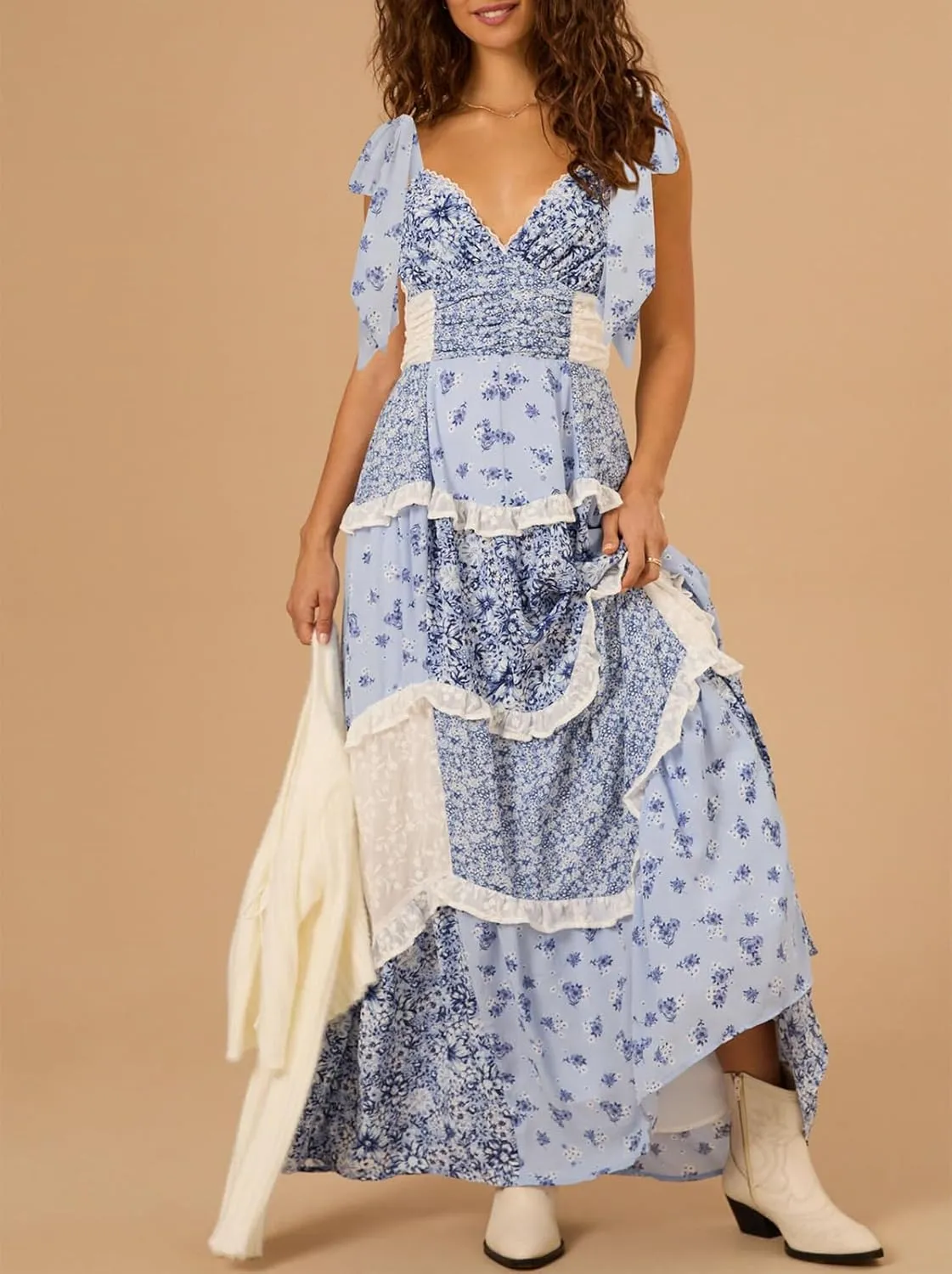 Women Boho Patchwork Maxi Dress Y2k Sleeveless Spaghetti Strap Backless Long Dress Floral Beach Vacation Sundress