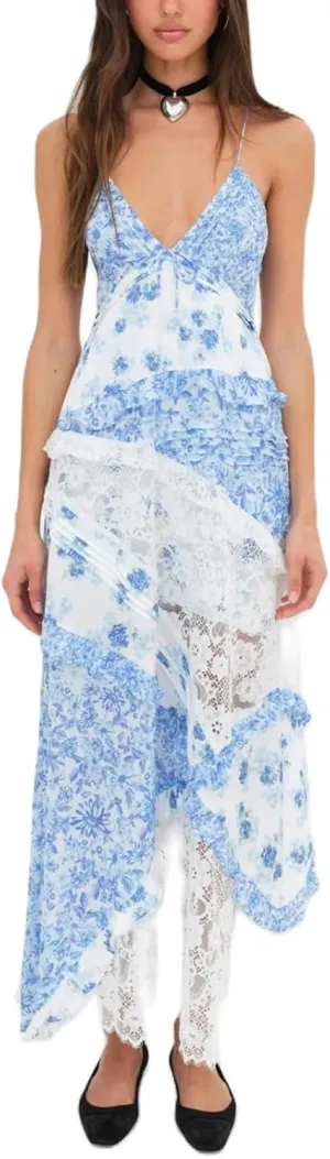 Women Boho Patchwork Maxi Dress Y2k Sleeveless Spaghetti Strap Backless Long Dress Floral Beach Vacation Sundress