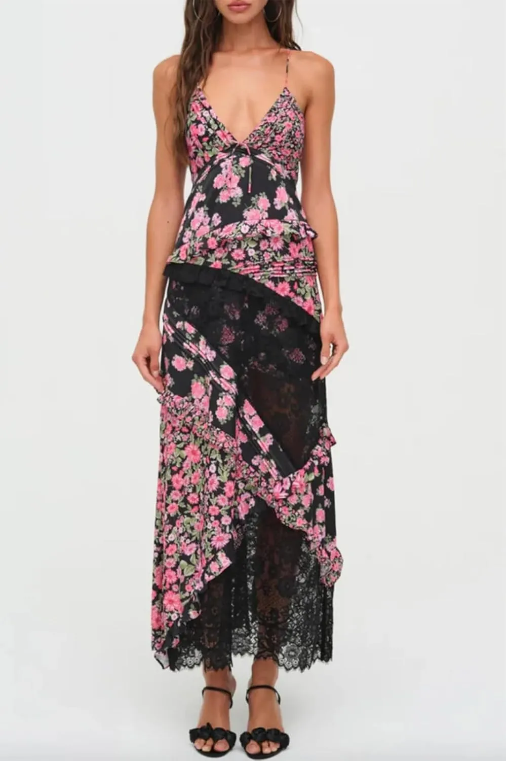Women Boho Patchwork Maxi Dress Y2k Sleeveless Spaghetti Strap Backless Long Dress Floral Beach Vacation Sundress