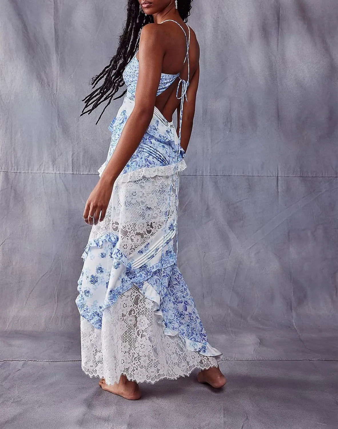 Women Boho Patchwork Maxi Dress Y2k Sleeveless Spaghetti Strap Backless Long Dress Floral Beach Vacation Sundress
