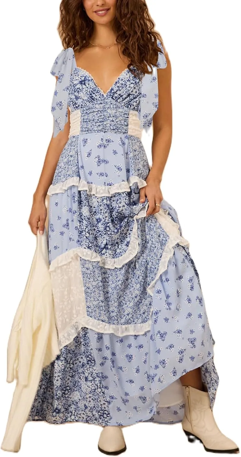 Women Boho Patchwork Maxi Dress Y2k Sleeveless Spaghetti Strap Backless Long Dress Floral Beach Vacation Sundress