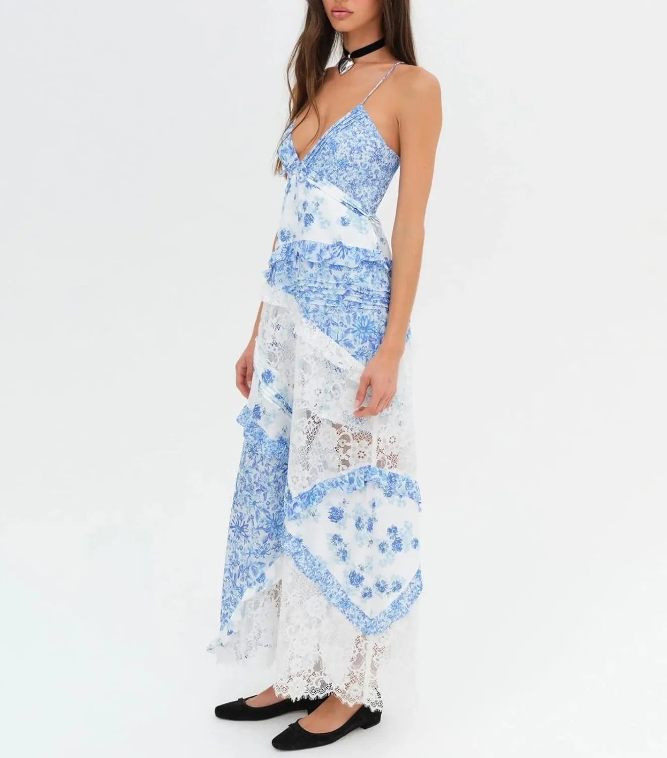 Women Boho Patchwork Maxi Dress Y2k Sleeveless Spaghetti Strap Backless Long Dress Floral Beach Vacation Sundress