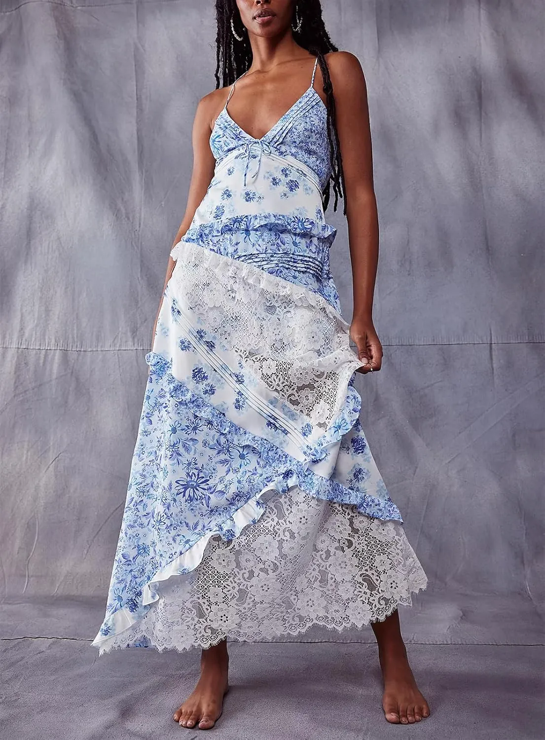 Women Boho Patchwork Maxi Dress Y2k Sleeveless Spaghetti Strap Backless Long Dress Floral Beach Vacation Sundress