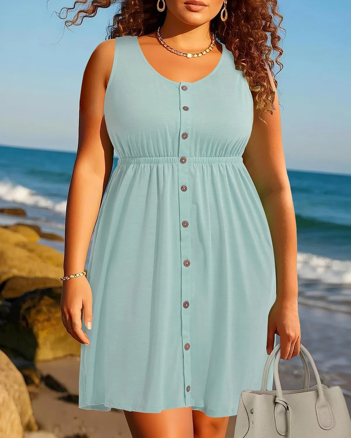 Women Plus Size Summer Dresses - Casual Sun Tank Sleeveless Short Dress with Pockets