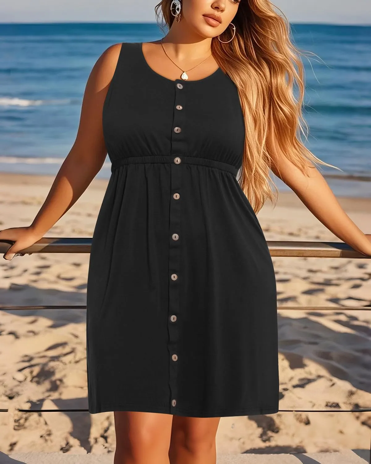 Women Plus Size Summer Dresses - Casual Sun Tank Sleeveless Short Dress with Pockets