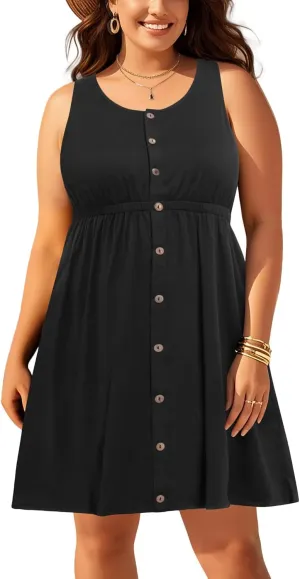 Women Plus Size Summer Dresses - Casual Sun Tank Sleeveless Short Dress with Pockets
