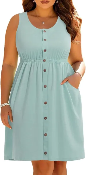 Women Plus Size Summer Dresses - Casual Sun Tank Sleeveless Short Dress with Pockets