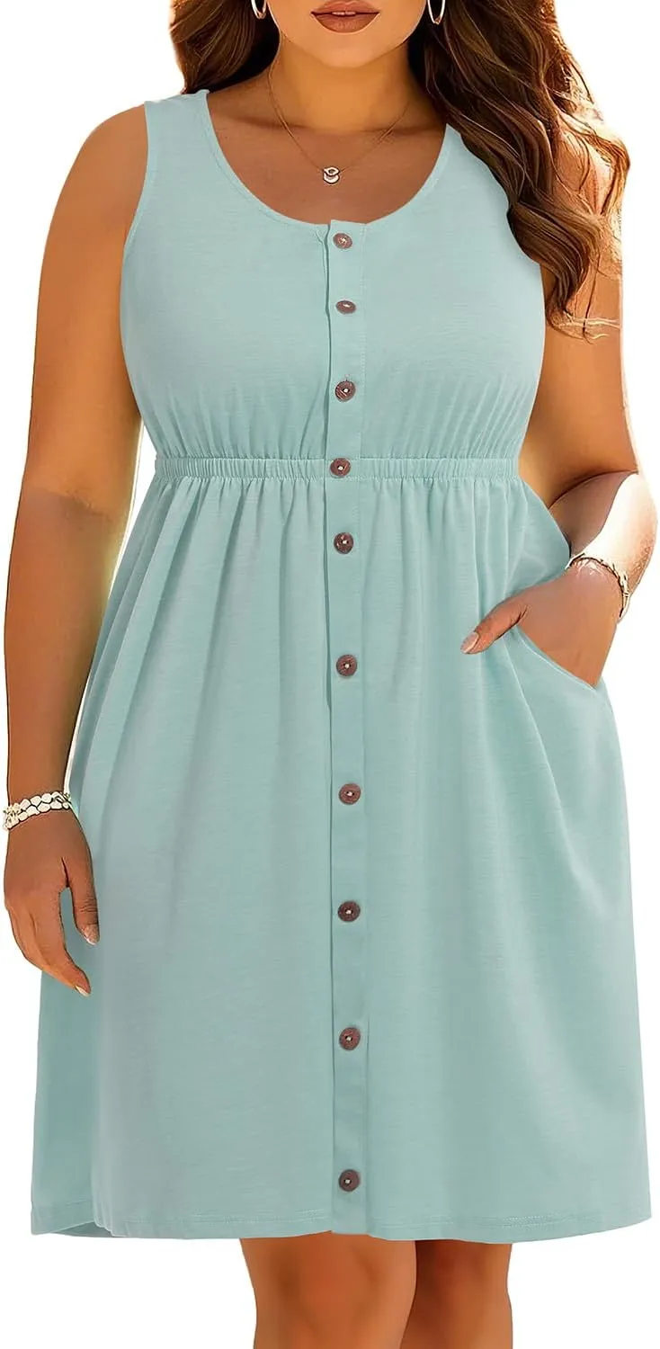 Women Plus Size Summer Dresses - Casual Sun Tank Sleeveless Short Dress with Pockets