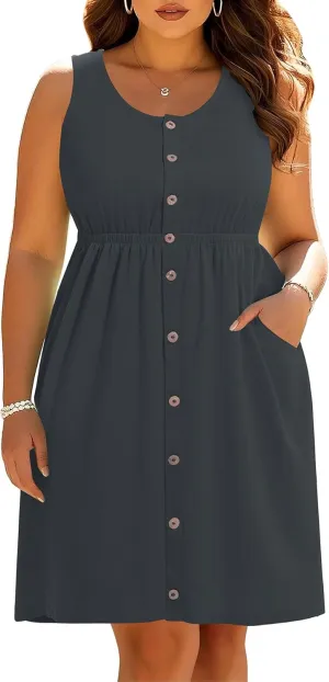 Women Plus Size Summer Dresses - Casual Sun Tank Sleeveless Short Dress with Pockets