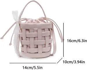 Women PU Woven Bucket Bag Drawstring Crossbody Bag Chic Hobo Bag (Pink)