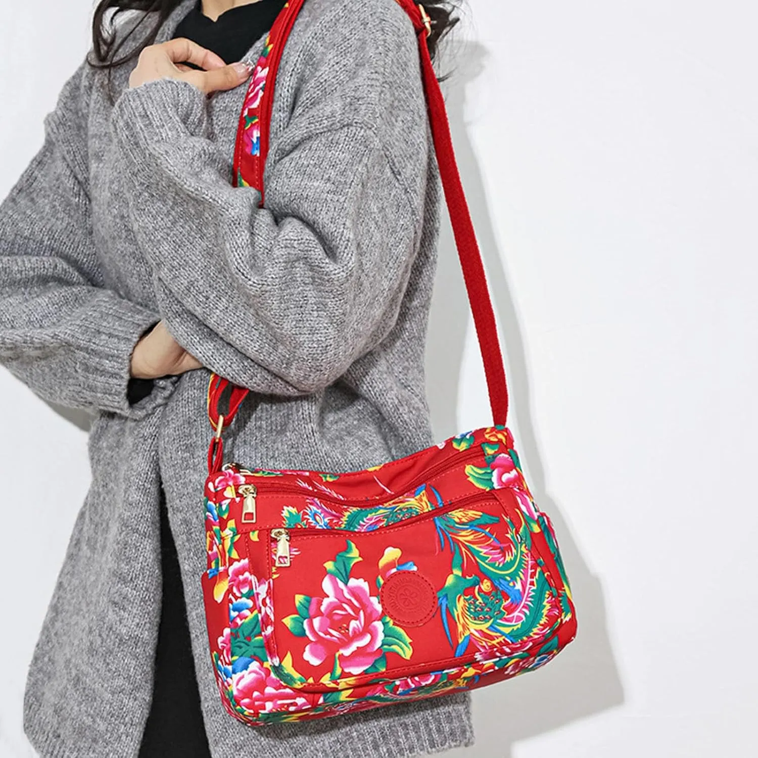Women Shoulder Bag Fashionable New Pattern Floral Print Large Capacity Practical Zipper Messenger Bag (Red, One Size)