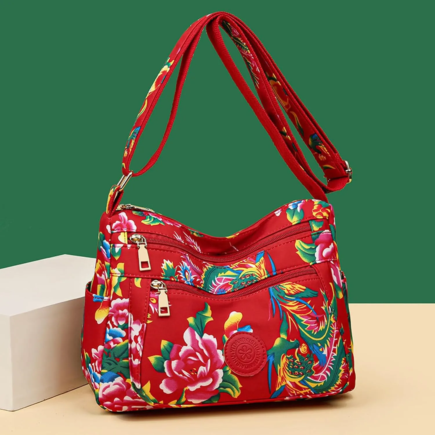 Women Shoulder Bag Fashionable New Pattern Floral Print Large Capacity Practical Zipper Messenger Bag (Red, One Size)