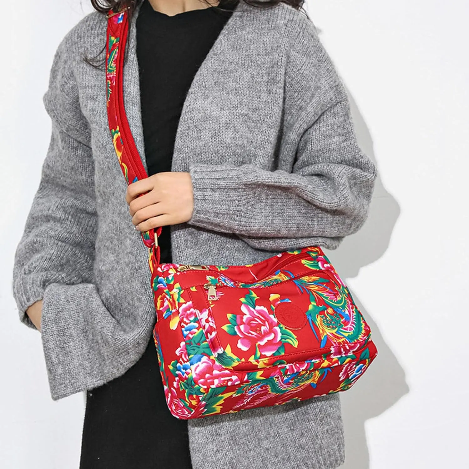 Women Shoulder Bag Fashionable New Pattern Floral Print Large Capacity Practical Zipper Messenger Bag (Red, One Size)