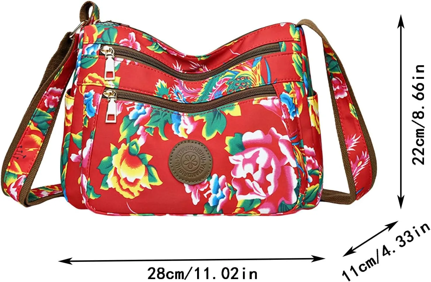 Women Shoulder Bag Fashionable New Pattern Floral Print Large Capacity Practical Zipper Messenger Bag (Red, One Size)