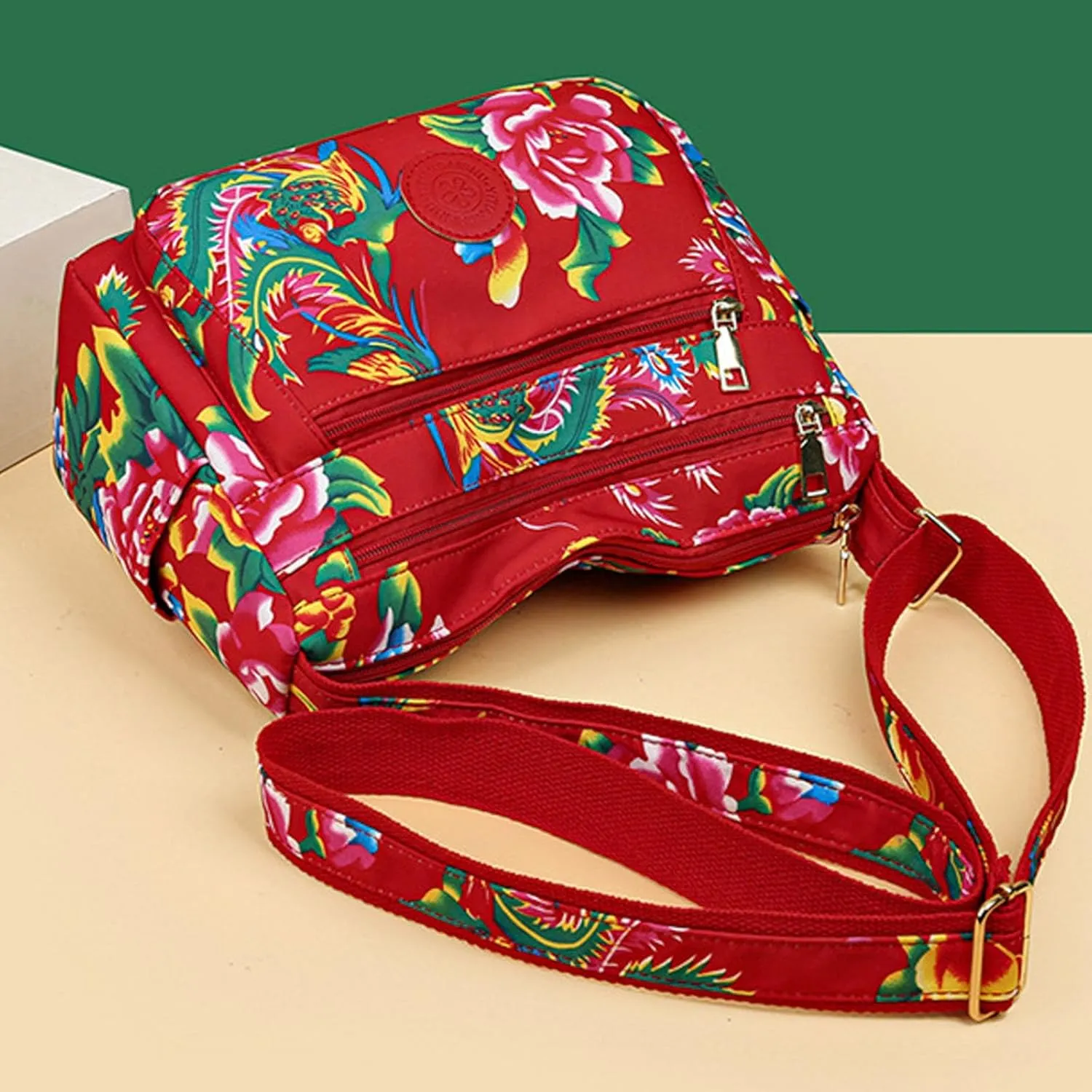 Women Shoulder Bag Fashionable New Pattern Floral Print Large Capacity Practical Zipper Messenger Bag (Red, One Size)