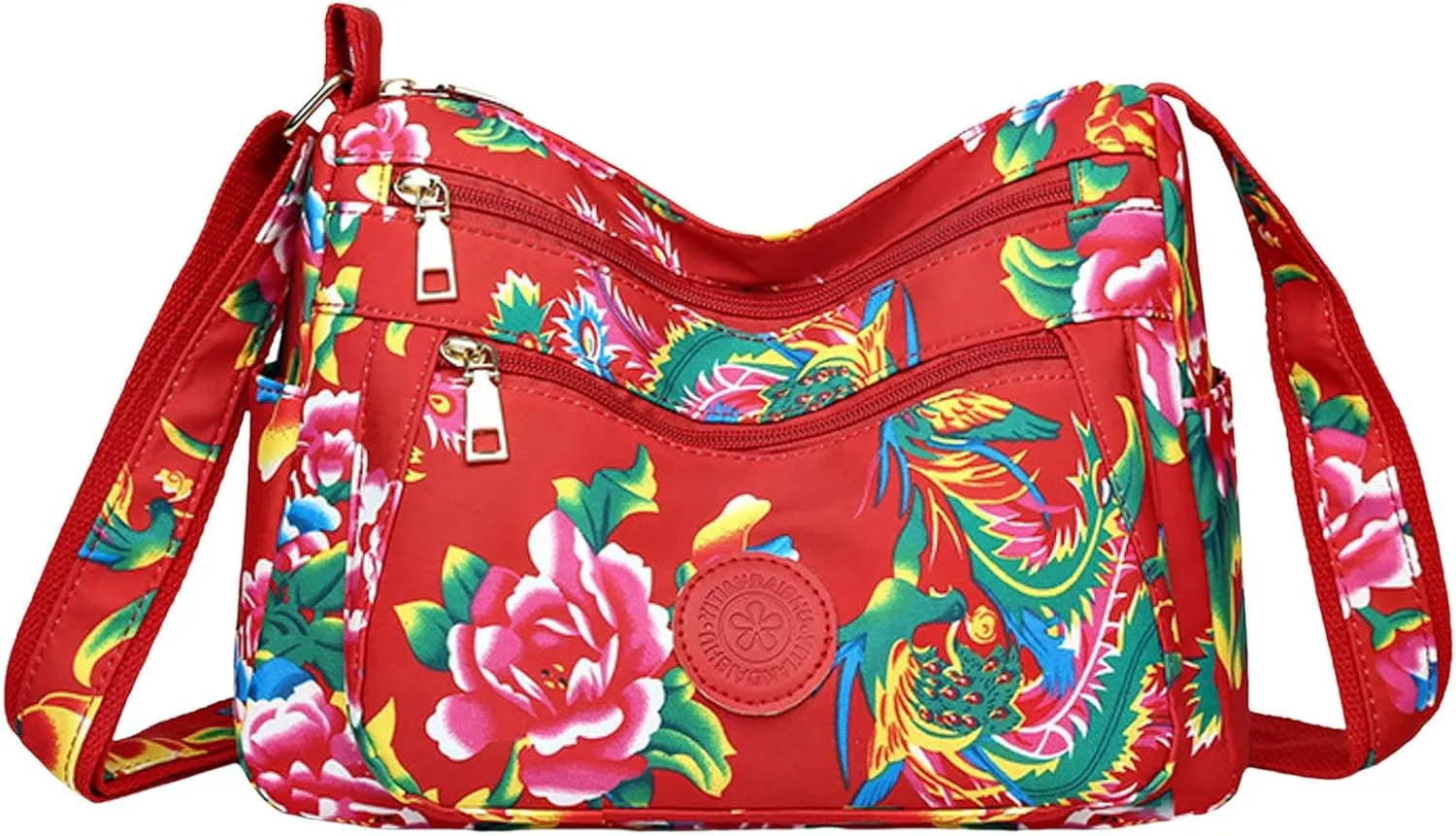 Women Shoulder Bag Fashionable New Pattern Floral Print Large Capacity Practical Zipper Messenger Bag (Red, One Size)
