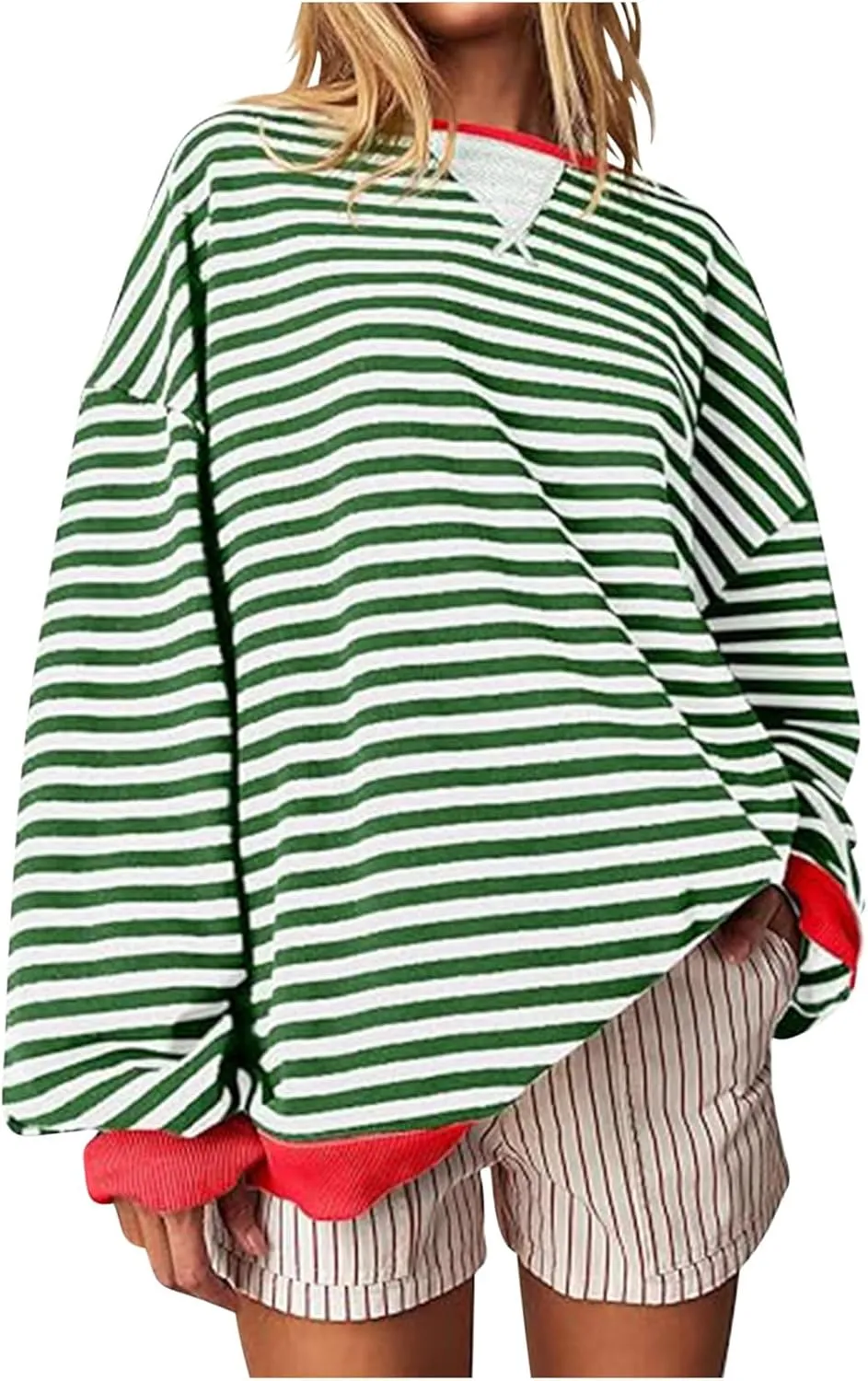 Women Striped Oversized Sweatshirt Long Sleeve Crewneck Hoodies Shirts 2024 Fall Pullover Top Trendy Preppy Clothes