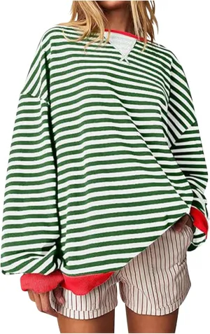 Women Striped Oversized Sweatshirt Long Sleeve Crewneck Hoodies Shirts 2024 Fall Pullover Top Trendy Preppy Clothes