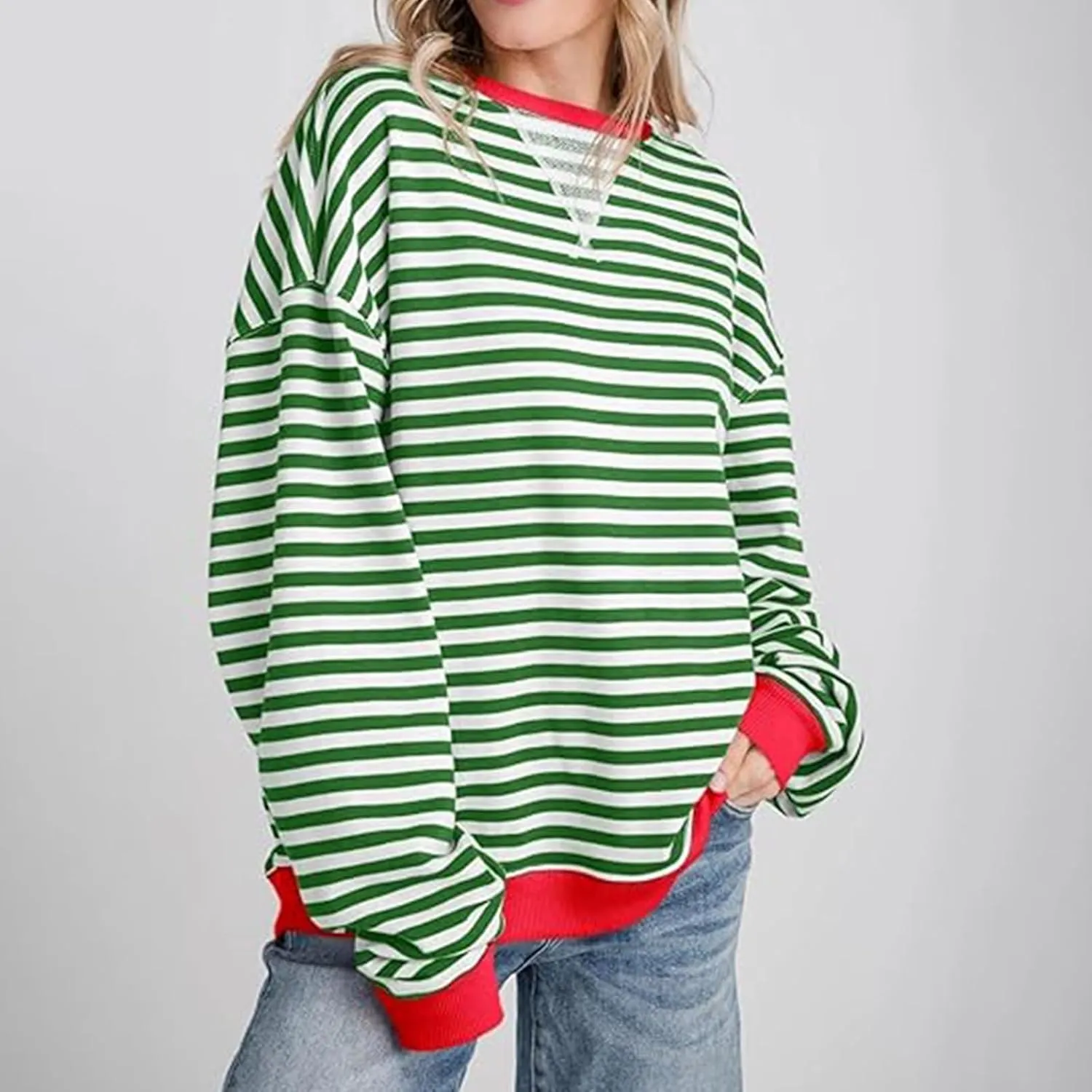 Women Striped Oversized Sweatshirt Long Sleeve Crewneck Hoodies Shirts 2024 Fall Pullover Top Trendy Preppy Clothes