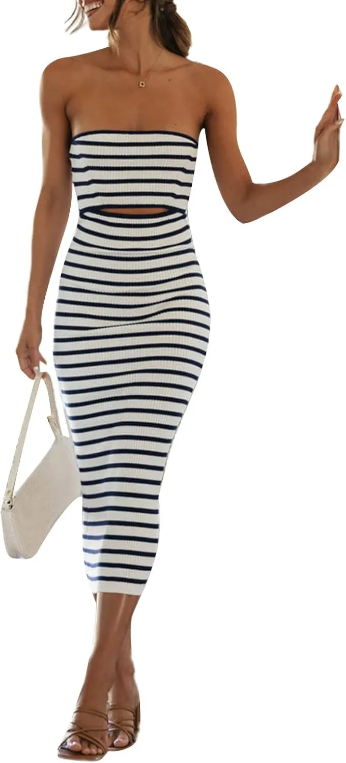 Women Summer Strapless Knitted Tube Dress Off Shoulder Striped Cutout Long Dress Bodycon Backless Beach Sundress